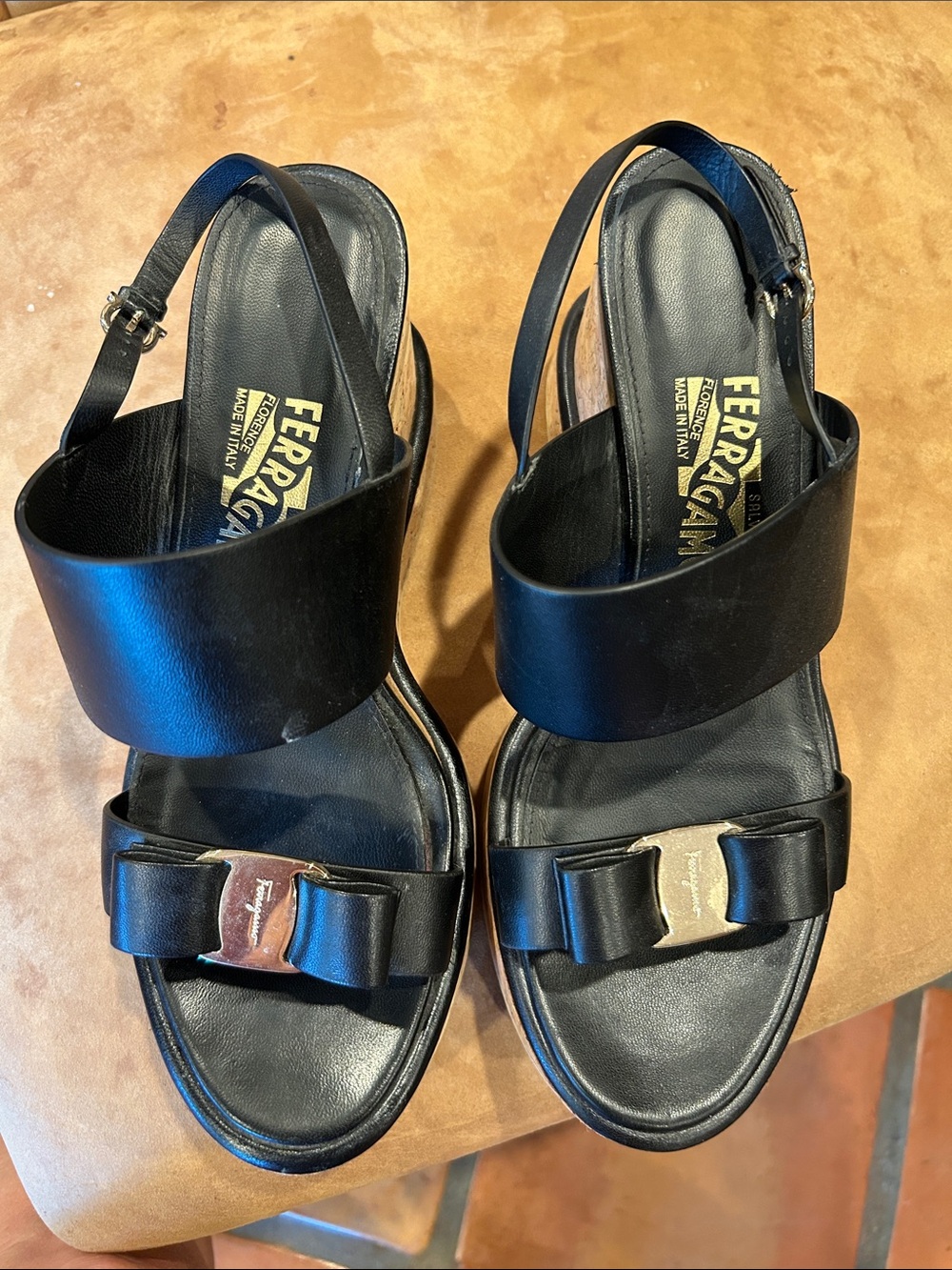 Salvatore Ferragamo Black Leather Bow Slingback Sandals